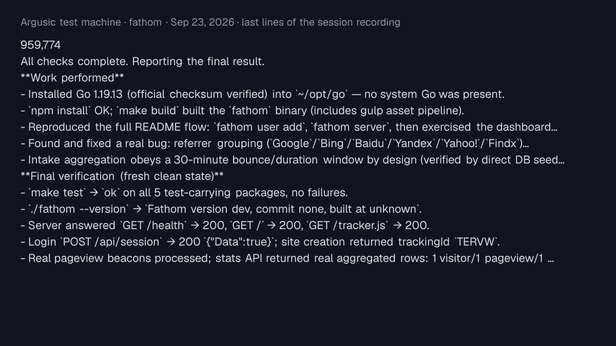 Terminal output of fathom on the Argusic test machine, Sep 25, 2026