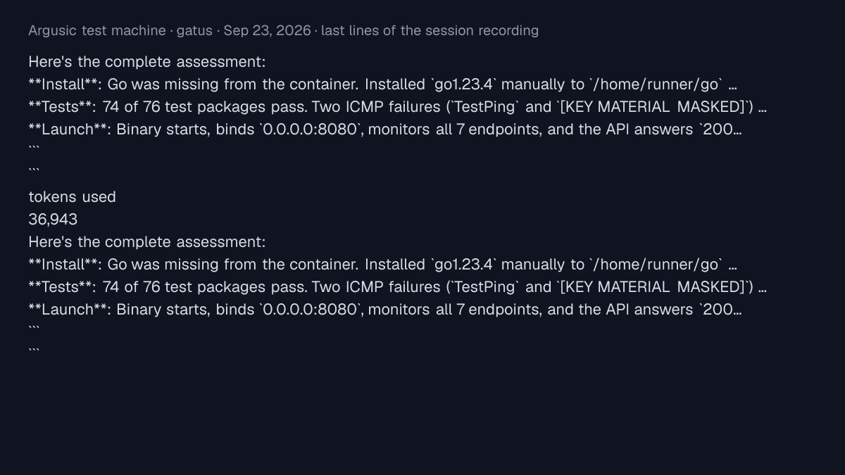 Terminal output of gatus on the Argusic test machine, Oct 6, 2026