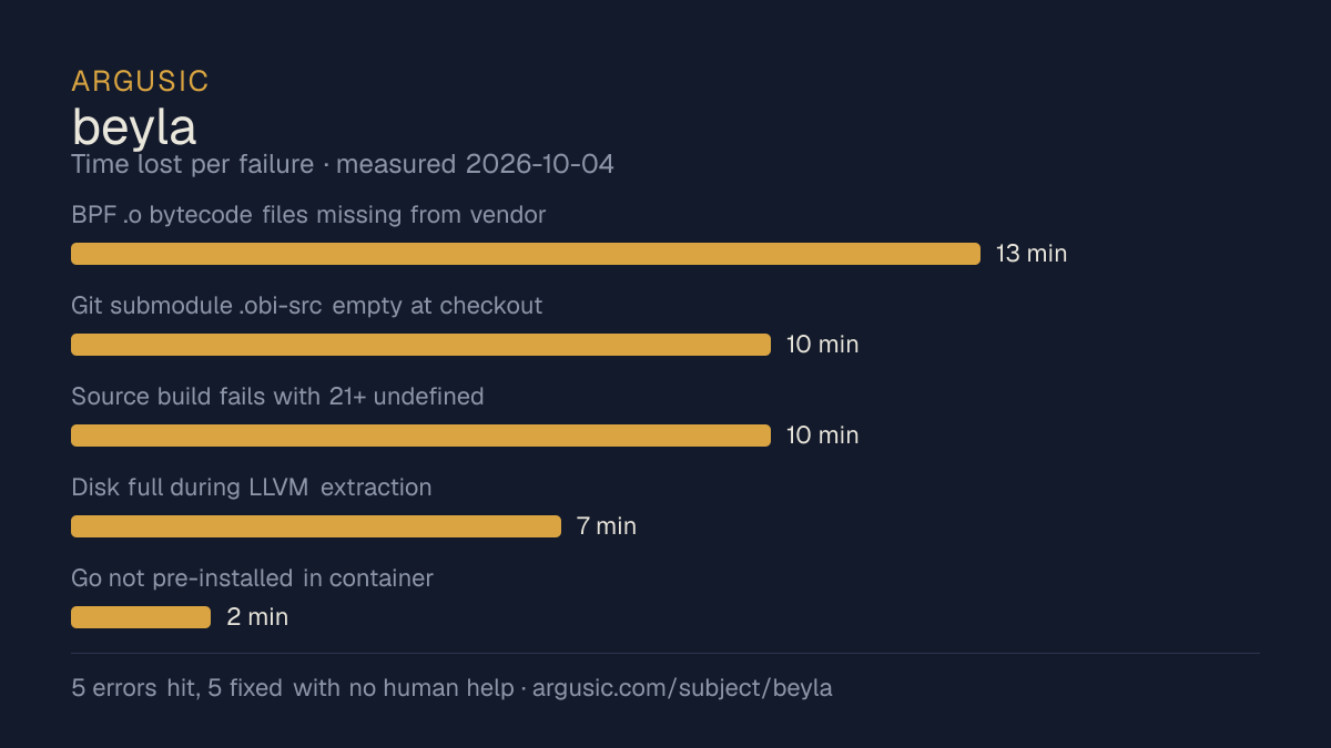 Time lost to each failure while testing beyla, drawn from the recorded run