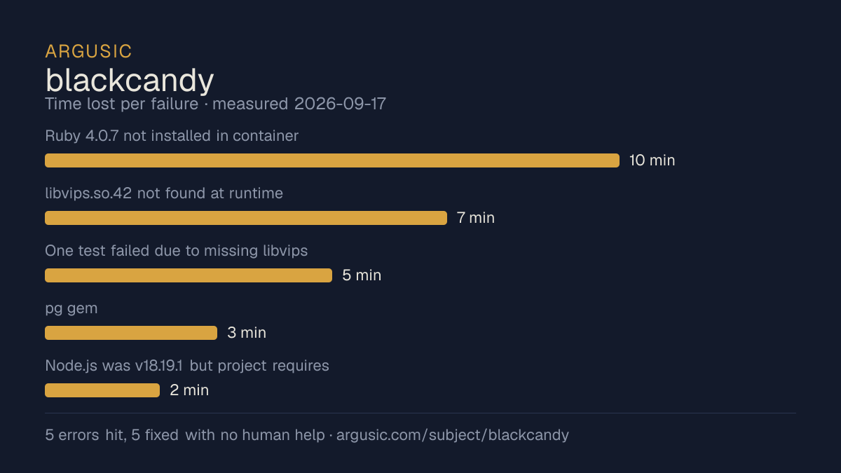 Time lost to each failure while testing blackcandy, drawn from the recorded run