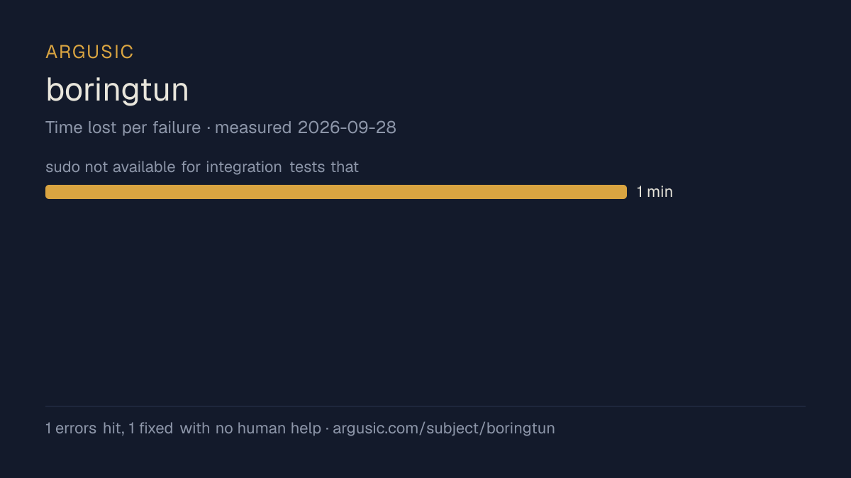 Time lost to each failure while testing boringtun, drawn from the recorded run
