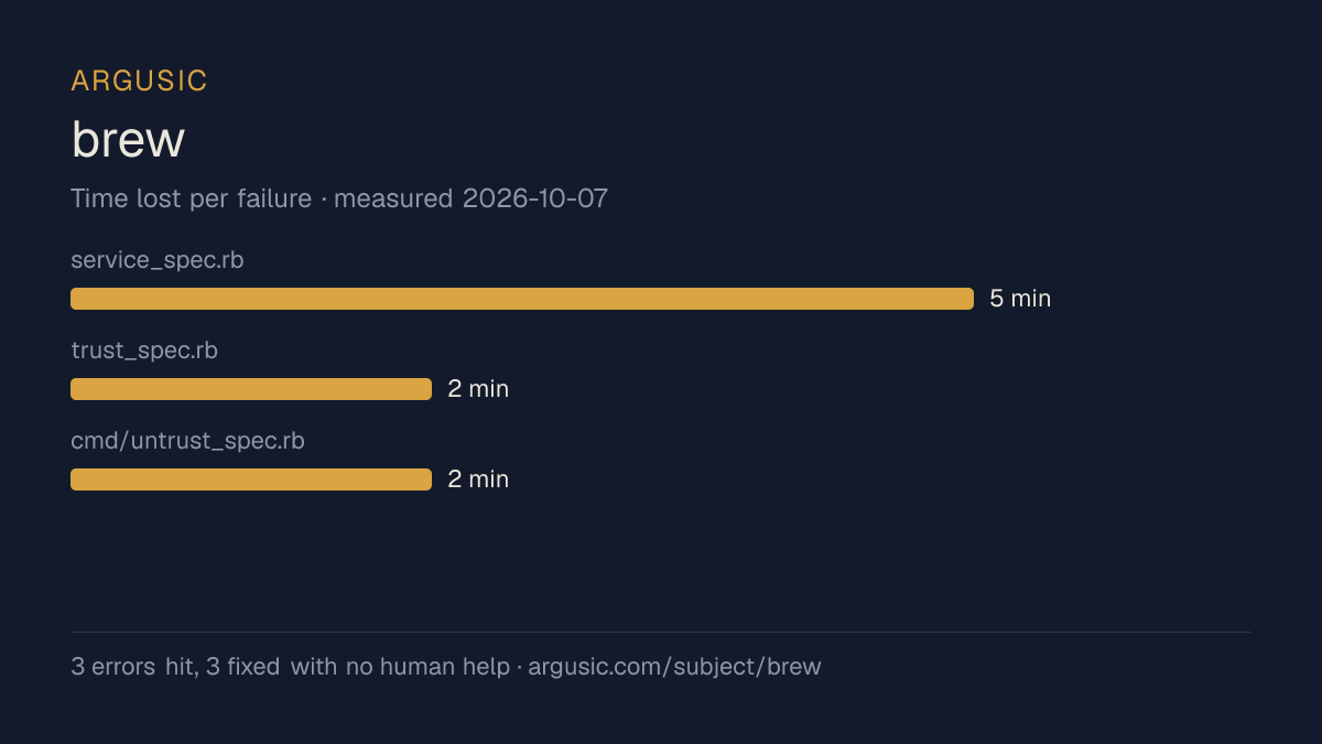 Time lost to each failure while testing brew, drawn from the recorded run
