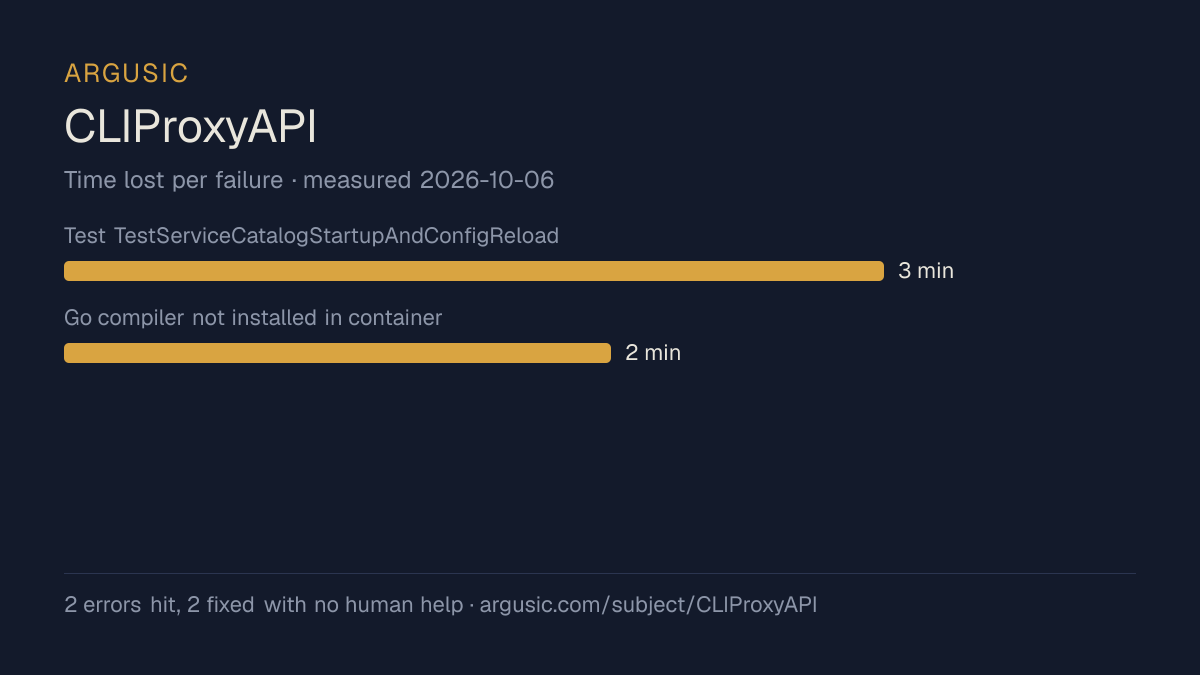 Time lost to each failure while testing CLIProxyAPI, drawn from the recorded run