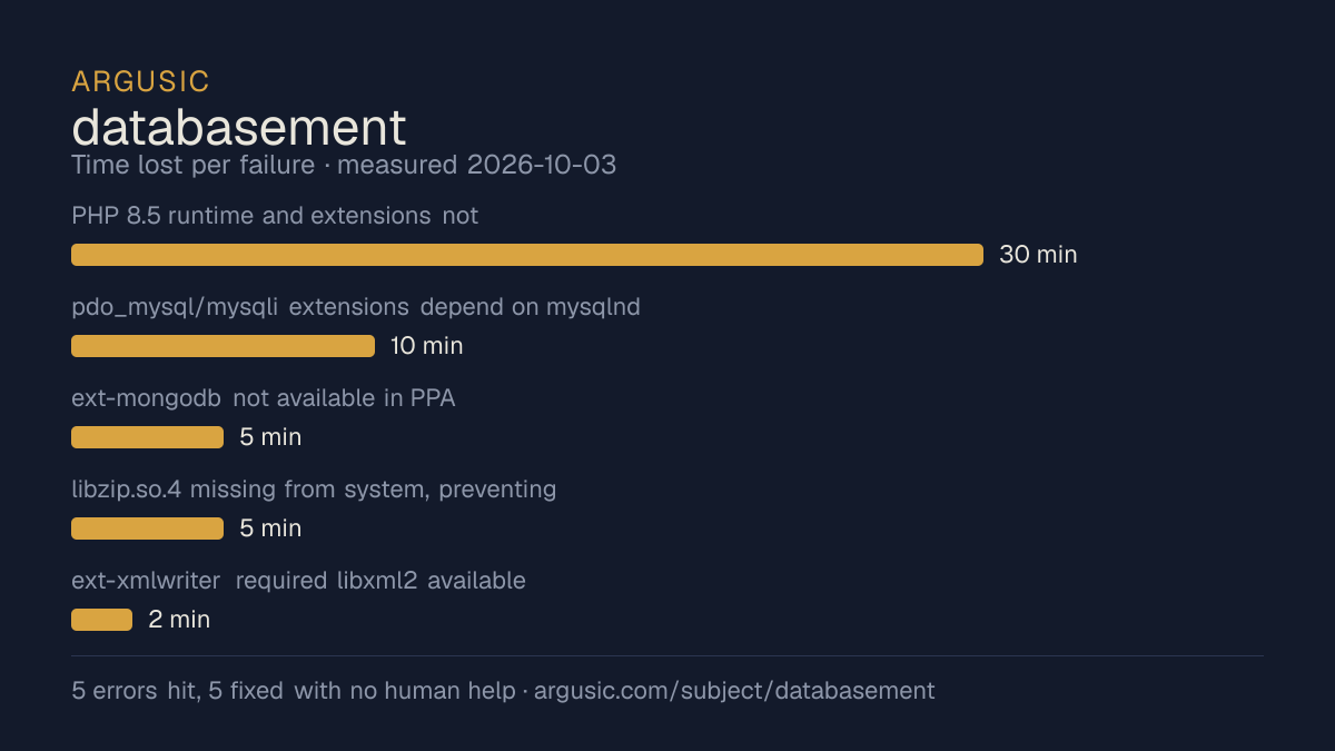 Time lost to each failure while testing databasement, drawn from the recorded run