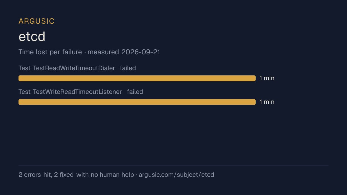 Time lost to each failure while testing etcd, drawn from the recorded run