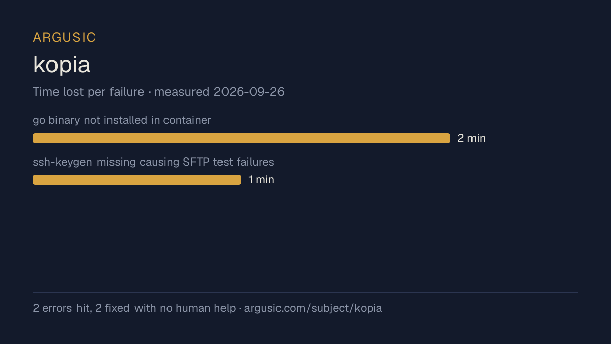 Time lost to each failure while testing kopia, drawn from the recorded run
