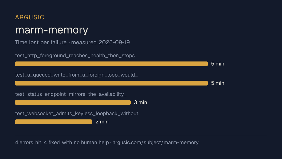 Time lost to each failure while testing marm-memory, drawn from the recorded run