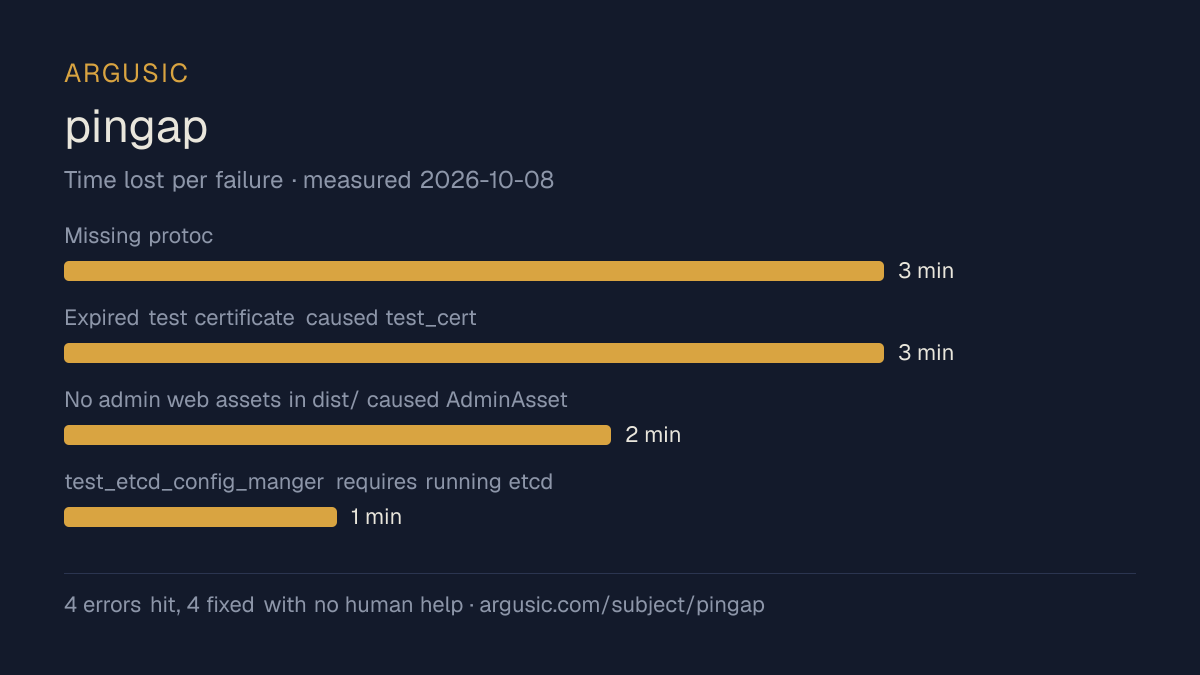 Time lost to each failure while testing pingap, drawn from the recorded run